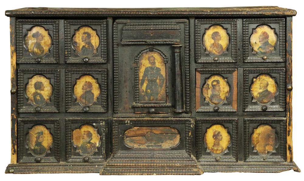 Spanish Baroque style vargueno early 19th century: Spanish Baroque style vargueno early 19th century, having a rectangular top, above the highly decorated and carved case having six drawers hand painted and gilt decorated, each with a different portra