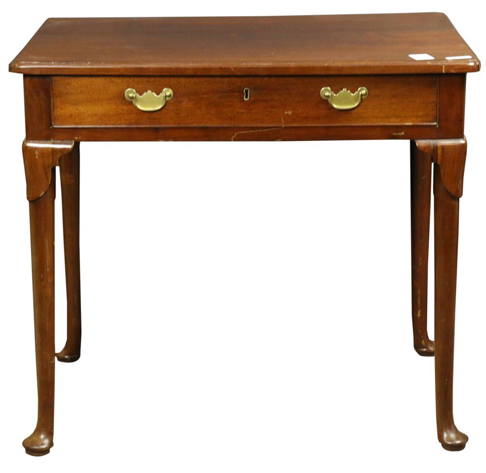 Chippendale mahogany work table: Chippendale mahogany work table, having a rectangular top, above a single drawer, and rising on cabriole legs terminating on pad feet, 29"h x 32"w x 20"d