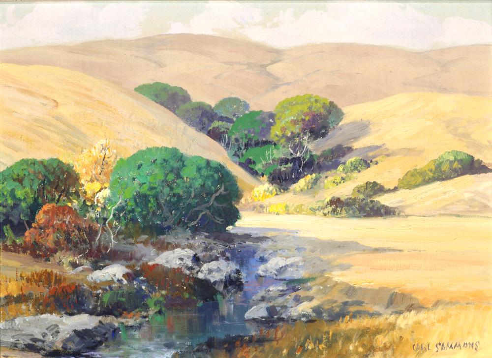 Painting, Carl Sammons: Carl Sammons (American, 1883-1968), "Humboldt County Hill-on-the North Fork," 1944, oil on canvas board, signed lower right, titled and dated verso, board: 12"h x 16"w, overall (with frame): 15.75"h x