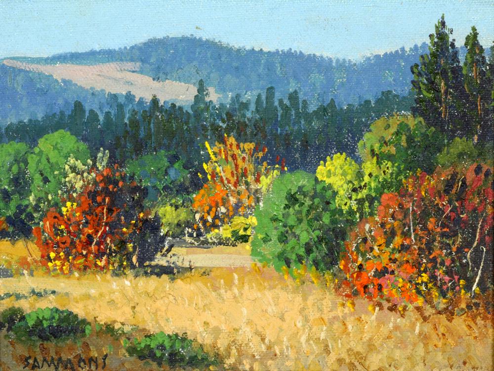 Painting, Carl Sammons: Carl Sammons (American, 1883-1968), "Autumn - Humboldt County, California," oil on board, signed lower left, titled verso, board: 6"h x 8"w, overall (with frame): 8.75"h x 10.75"w