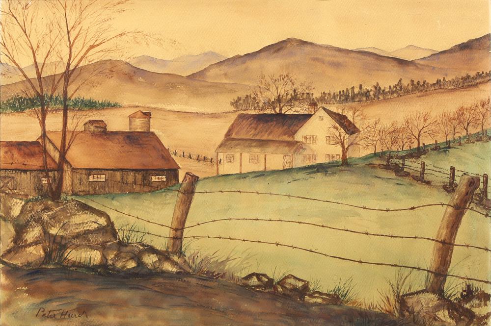 Watercolor, Peter Hurd: Peter Hurd (American, 1904-1984), Landscape with barbed wire fence and barn, watercolor, signed lower left, sight: 14.25"h x 21"w, overall (with frame): 22.75"h x 30"w