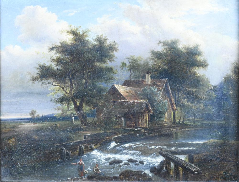 Painting, Attributed to Adriaen van de Velde: Attributed to Adriaen van de Velde (Dutch, 1636-1672), River Landscape with Cottage and Figures, oil on canvas (burlap), unsigned, artist name inscribed verso, canvas: 14.5"h x 18"w, overall (with fra