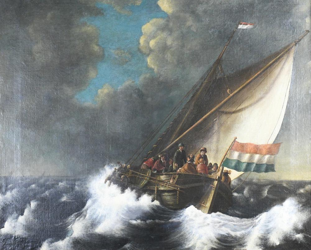 Painting, Dutch School (17th/18th century): Dutch School (17th/18th century), Ship with Figures in Rough Seas, oil on canvas, unsigned, canvas: 31"h x 38"w, overall (with frame): 37.5"h x 45"w. Provenance: From the Collection of the Estate of M