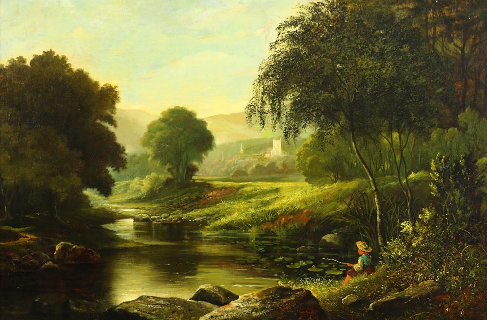 Painting, Arthur James Stark: Arthur James Stark (British, 1831-1902), "Near Balmoral," oil on canvas, signed lower right (on log), artist title plaque lower center, canvas: 23.25"h x 35.25" w overall (with frame): 31"h x 43.5"w