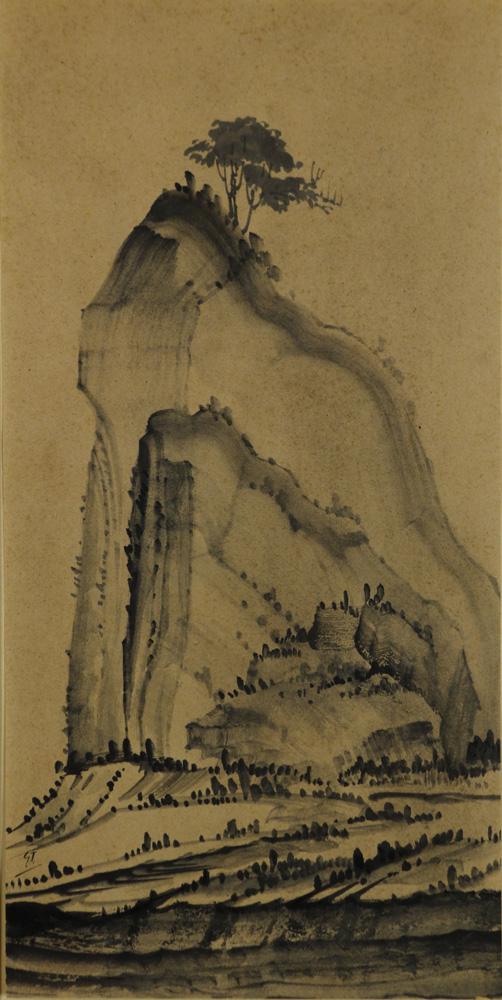 Work on Paper, Gaganendranath Tagore: Gaganendranath Tagore (Indian, 1867-1938), Untitled, ink on paper, initialed lower left, sheet: 15"h x 7.5"w, overall (with mat): 21.25"h x 16.25"w.