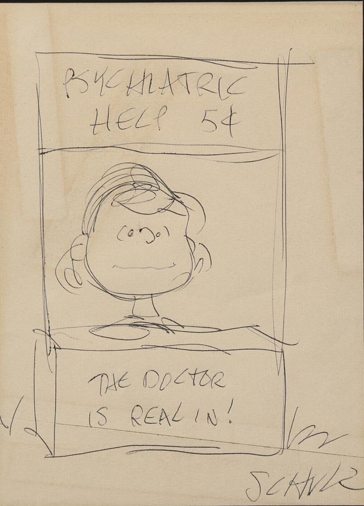 Work on paper, Charles M. Schulz: Charles M. Schulz (American, 1922-2000), "Psychiatric Help 5c the Doctor is Real In!," ink on paper, signed lower right, sight: 8.75"h x 6.5"w (overall with frame): 14.25"h x 11.25"w
