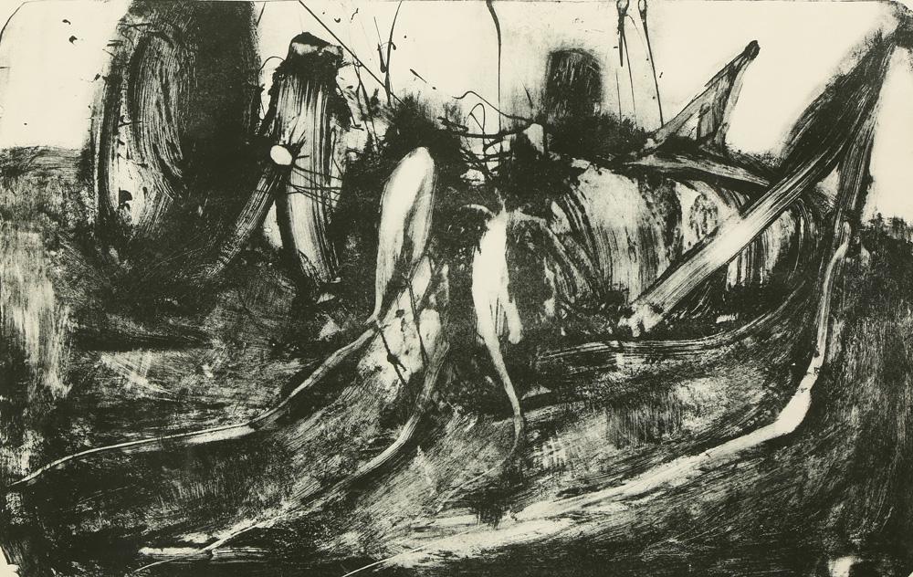 Print, Nathan Oliveira, Dying Insect: Nathan Oliveira (American, 1928-2010), "Dying Insect," lithograph, proof, pencil signed lower right, titled lower left, image: 14"h x 21.25"w, (overall/ with frame): 23.25"h x 31"w