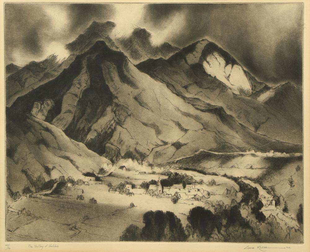 Print, Gene Kloss, The Valley of Valdez: Gene Kloss (American, 1903-1996), The Valley of Valdez, etching, pencil signed lower right, titled lower left, edition 42/50, image: 11.75"h x 14.75"w, overall (with frame): 19"h x 21.5"w