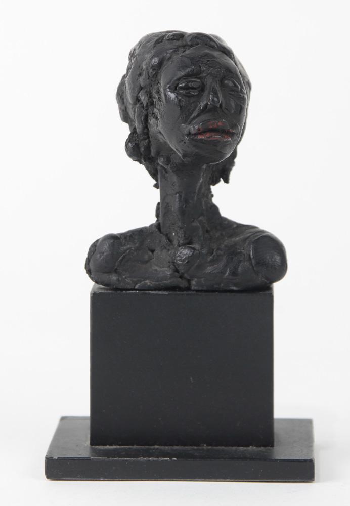 Sculpture, Al Farrow: Al Farrow (American, b. 1943), Bust of a Woman, 2012, painted clay sculpture on a bronze base, signed bottom base, dated verso, overall (with base): 5"h x 3"w x 2.25"d
