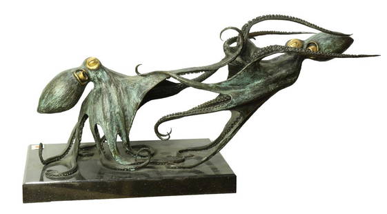 Bronze Sculpture, Les Perhacs: Les Perhacs (American, b. 1940), Octopi, bronze sculpture, 1980, signed and dated, overall (with marble base): 17"h x 34"w x 16.5"w