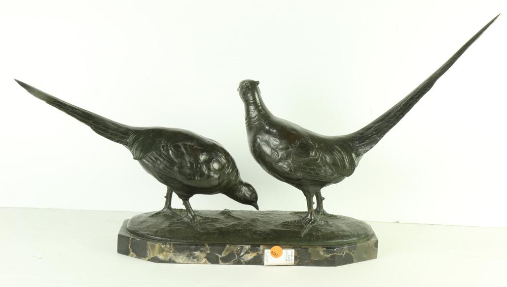 Scuplture, Otto Poertzel: Otto Poertzel (German, 1876-1963), Pheasants, sculpture on marble base, signed lower right, overall (with base): 11.75"h x 28"w x 6.5"d