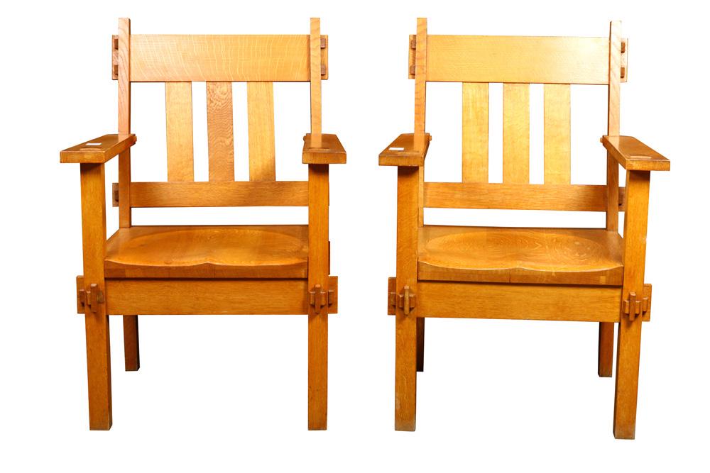 (lot of 3) Arts and Crafts seating group: (lot of 3) Arts and Crafts seating group, each having keyed thru tenon construction, consisting of (2) armchairs 35"h x 25"w, and a rocker, 34"h x 24.5"w