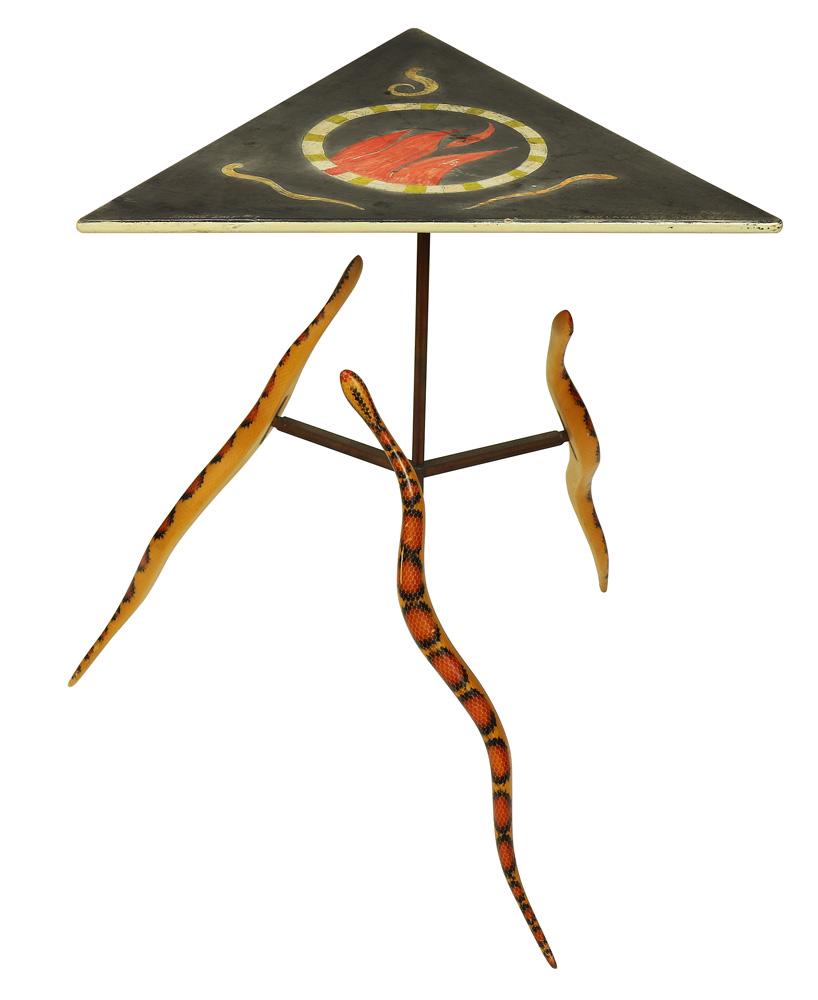 Garry Knox Bennett hand painted tabouret table: Garry Knox Bennett (American, 1934) "Snake Shit #7", hand painted tabouret table, having a triangular top, decorated with snakes and fire on a black ground, titled lower left, and signed "In Oakland G