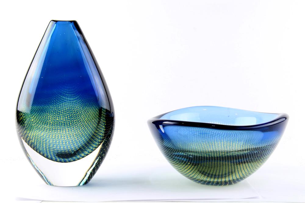 Sven Palmqvist for Orrefors "Kraka" vases: Sven Palmqvist for Orrefors "Kraka" vases, Sweden, 1960s, consisting of a vase having a tapered form, and a bowl, each with etched signiature on underside, largest: 8"h