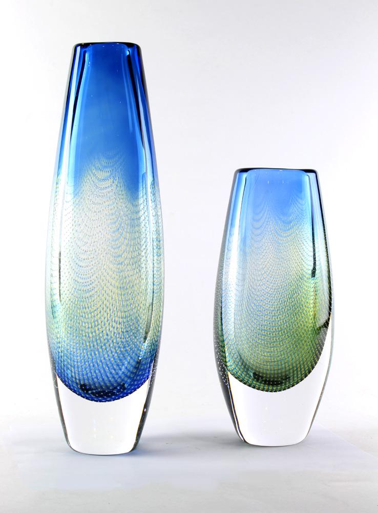 Sven Palmqvist for Orrefors "Kraka" vases: Sven Palmqvist for Orrefors "Kraka" vases, Sweden, 1960s, each vase having a tapered cylindrical form, and with etched signiature on underside, largest: 13.5"h