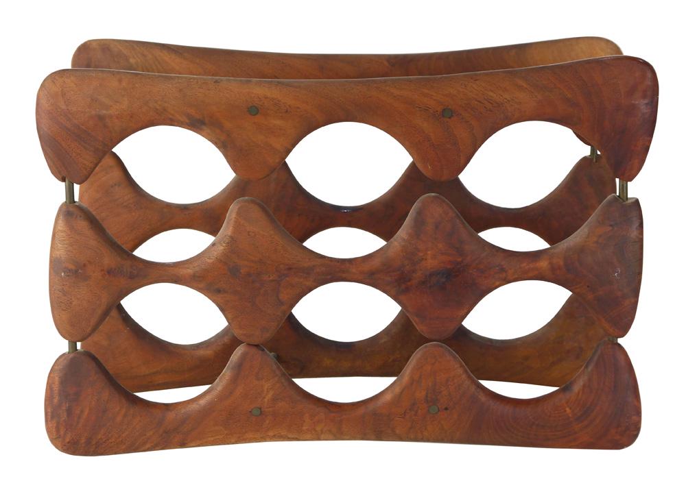 Arthur Espenet Carpenter walnut wine rack: Arthur Espenet Carpenter walnut wine rack, the two tiered six bottle rack, composed of shaped vertical bars with dowel construction, joined by metal cylindrical rods, signed "Espenet 6345", 11.25"h x