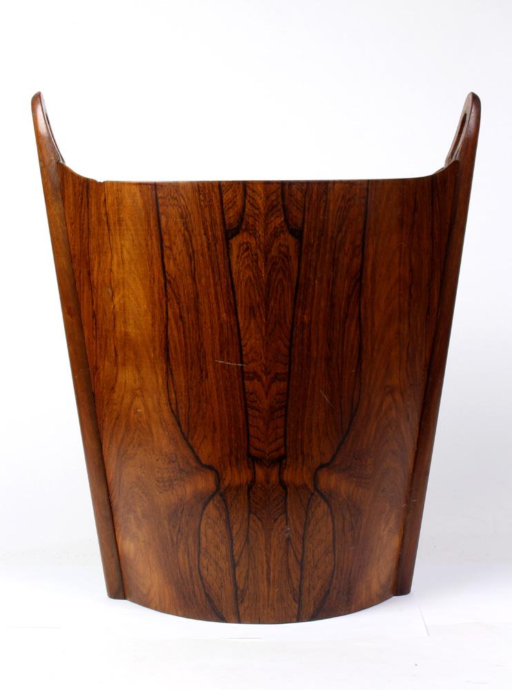 Scandinavian Modern P: Scandinavian Modern P.S. Heggen rosewood waste basket, Norway, having a tapered and handled form with a branded mark to interior, 17"h