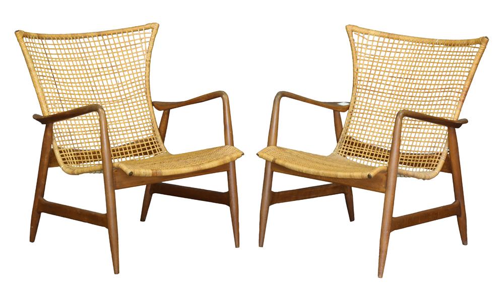 (lot of 2) Ib Koford-Larsen (1921-2003) for Selig cane: (lot of 2) Ib Kofod-Larsen (1921-2003) for Selig cane lounge chairs, Denmark, 1960s, 31"h
