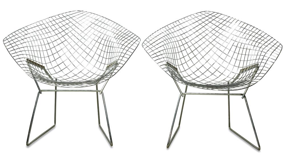 Pair of Harry Bertoia for Knoll Diamond chairs: Pair of Harry Bertoia for Knoll Diamond chairs, each having a wire frame in chromed steel, 30.5"h x 33"w x 26.5"d