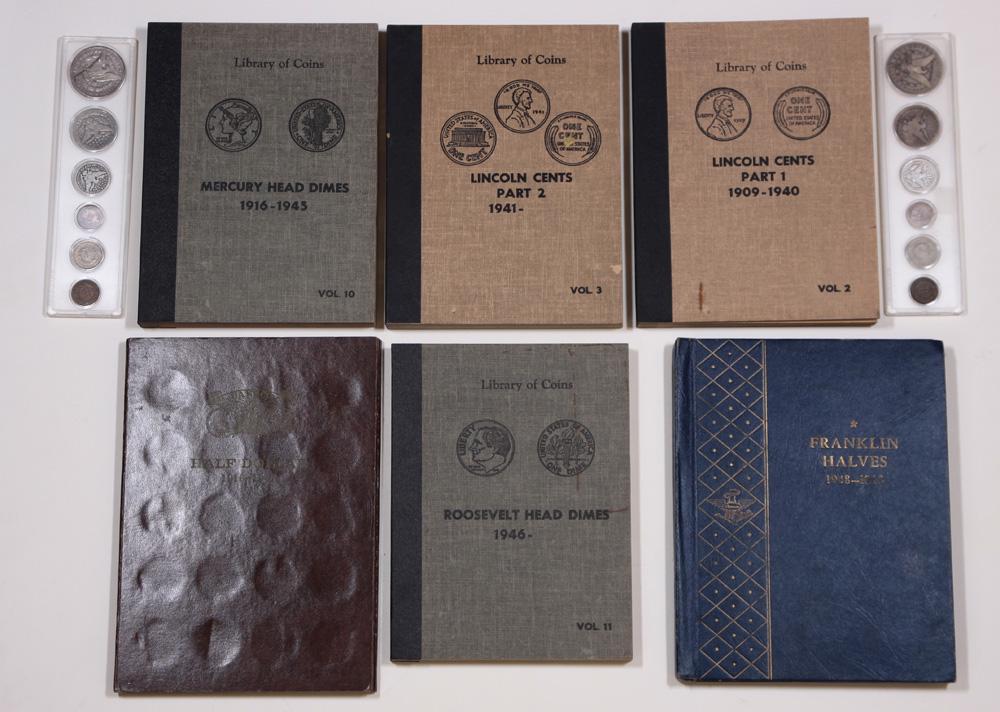 (lot of 5 albums) Lot of U.S: (lot of 5 albums) Lot of U.S. coin albums including an album of (18) Liberty hald dollars; one with (23) Mercury dimes, another of (33) Roosevelt dimes and (2) Lincoln cent albums, mostly filled; toge