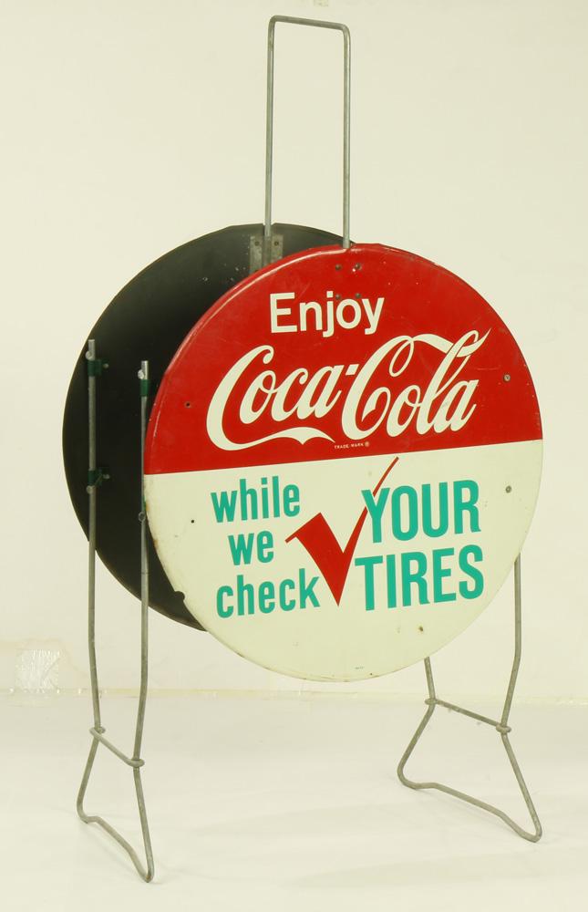 Vintage Coca-Cola sidewalk metal and tin tire sign: Vintage Coca-Cola sidewalk metal and tin tire sign, inscribed "Enjoy Coca-Cola while we check your tires," 32"h