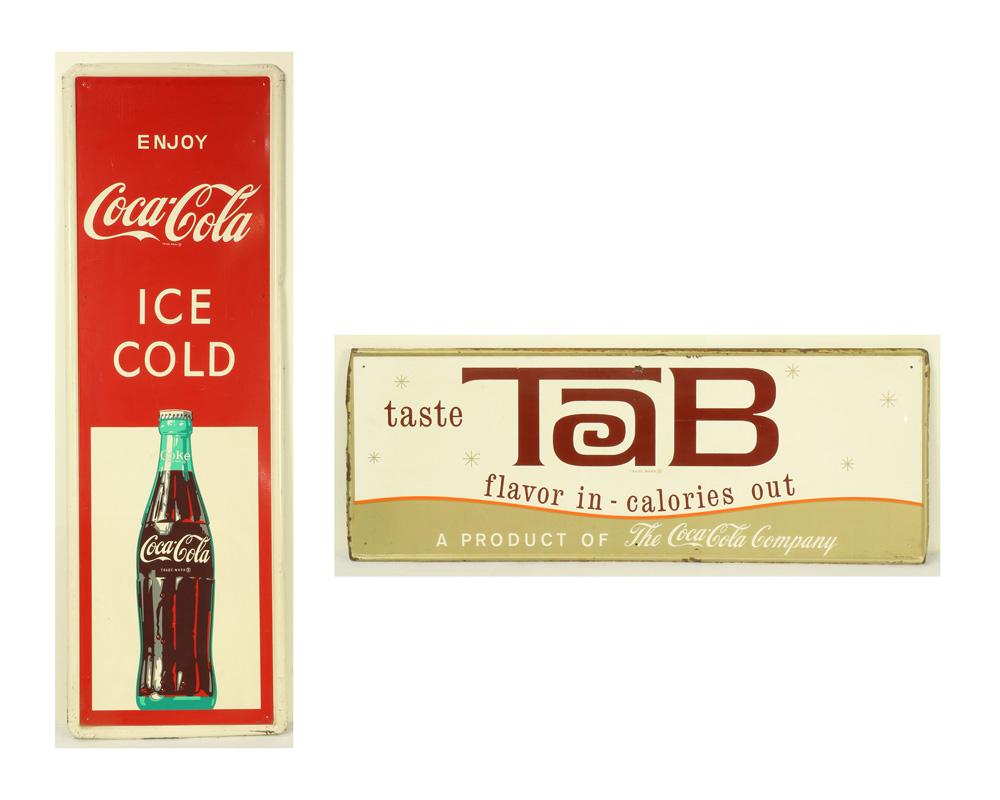 (lot of 2) Vintage Coca-Cola tin sign: (lot of 2) Vintage Coca-Cola tin sign, inscribed "Enjoy Coca-Cola Ice Cold," together with a Tab tin sign inscribed "Taste Tab, flavor in - calories out," largest: 54"h x 17.5"w