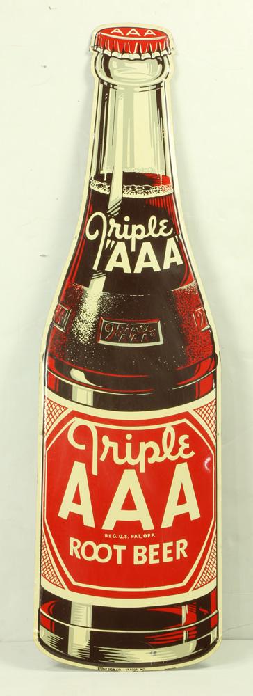 Triple "AAA" root beer sign: Triple "AAA" root beer sign, having a bottle form executed in diecut metal, 45"h