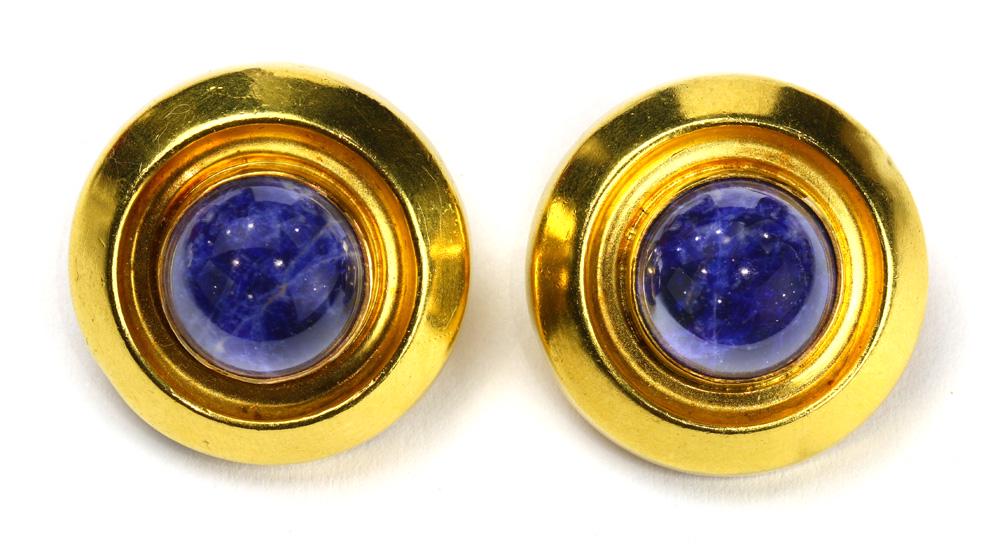 Pair of Ilias Lalounis, sodalite, 18k yellow gold: Pair of Ilias Lalounis, sodalite, 18k yellow gold earrings Featuring (2) round sodalite cabochons, measuring approximately 13.5 mm, set in 18k yellow gold round mountings, (marked 750 Greece, logo), m