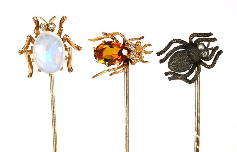 (Lot of 3) Diamond, opal, 14k gold, blackened silver: (Lot of 3) Diamond, opal, 14k gold, blackened silver insect stickpins Including 1) opal, diamond, 14k yellow gold spider stickpin; 1) citrine, diamond, 14k yellow gold beetle stickpin; together with 1