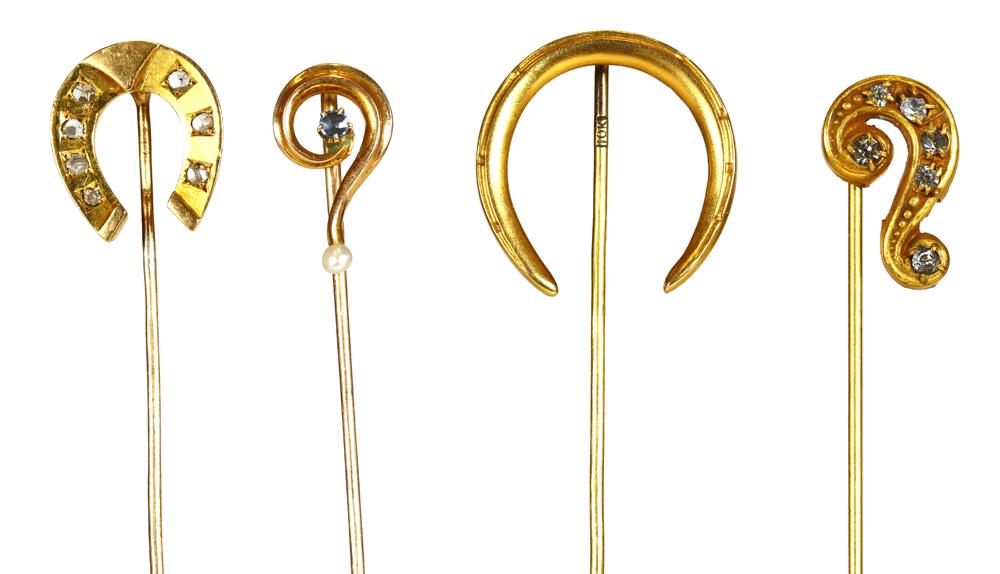(Lot of 4) Diamond, sapphire, pearl, paste, yellow gold: (Lot of 4) Diamond, sapphire, pearl, paste, yellow gold stickpins Including 1) rose-cut diamond, 14k yellow gold horse shoe stickpin; 1) round-cut sapphire, pearl, 14k yellow gold "?" stickpin; 1) 14k