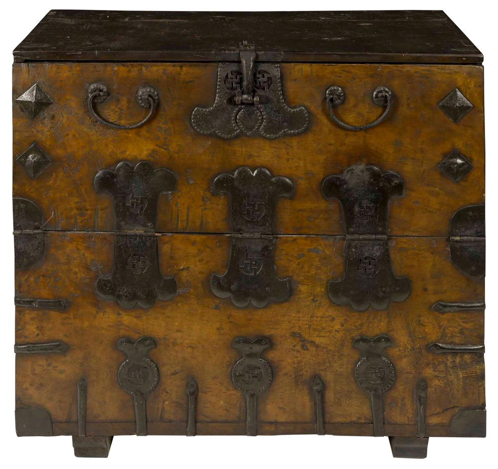 Korean Blanket Chest: Korean blanket chest, front drop door, iron fittings, 27.5"h x 30"l x 24"d
