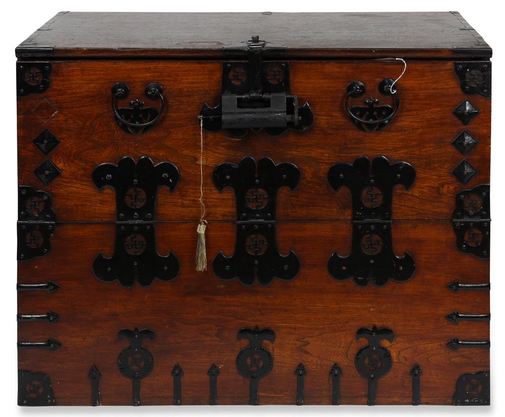 Korean Bandaji Storage Chest: Korean bandaji storage chest, with the lock and key, iron fittings, interior with two drawers, approx. 32.5"h x 40.75"w x 19.5"d