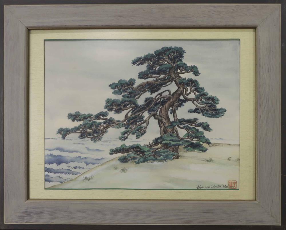 Ink and colors on silk: Ink and colors on silk, depicting a pine tree by the shore, lower right signed "Florence Chilton Holmes" with seal, sight:14.5h x 19.25"w, frame: 22.75"h x 28.25"w