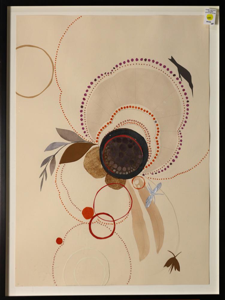 Collage, Lena Wolff: Lena Wolff (American, 20th century), "Pansy," graphite, acrylic, and paper collage, unsigned, overall (with frame): 33"h x 25.5"w. Provenance: From the permanent collection of Blue Shield of Californi