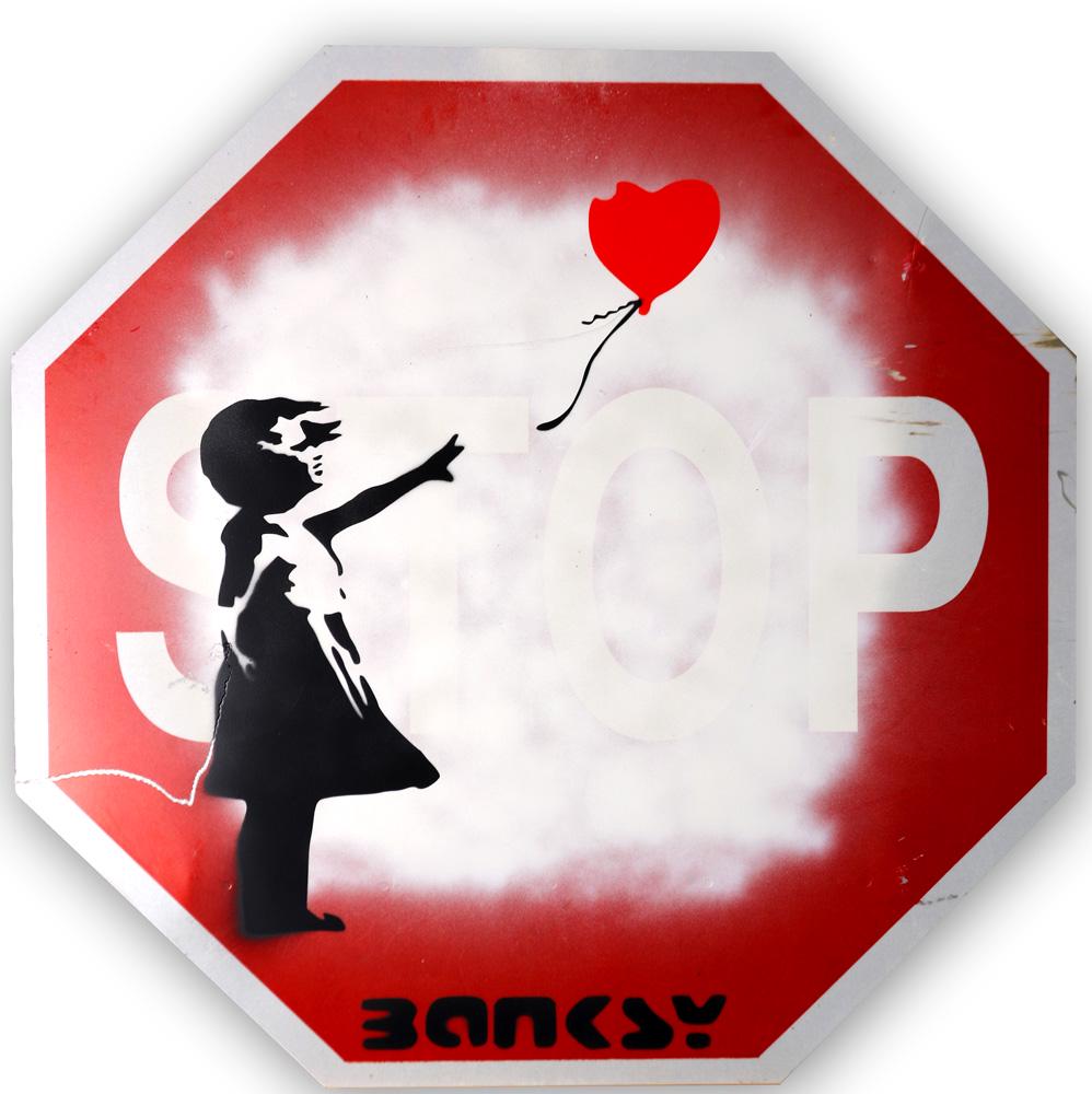 Spray Paint, Manner of Banksy: Manner of Banksy (British, b. 1974), "Girl with Balloon," spray paint on street sign, bears sprayed signature lower center, overall (unframed): 29.5"h x 29.5"w