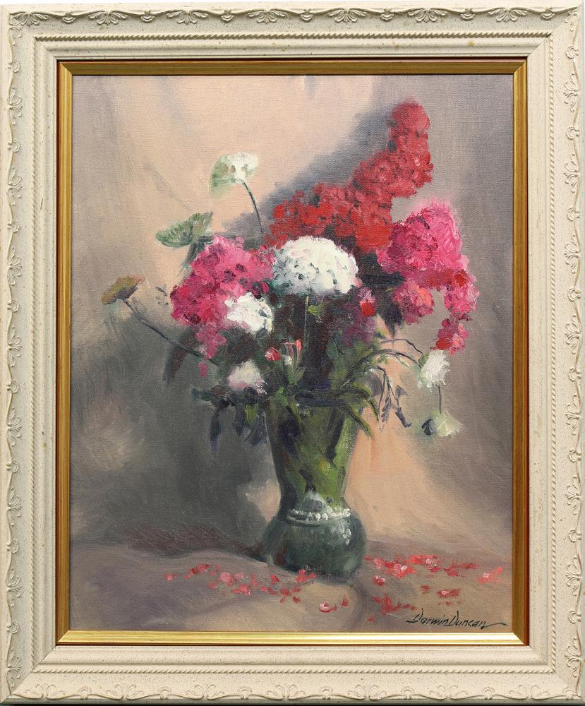Painting, Darwin Duncan: Darwin William Duncan (American, 1905-2002), Floral Still Life, oil on canvas, signed lower right, overall (with frame): 24.5"h x 20.5"w. Provenance: Estate of Edan Milton Hughes (San Francisco, CA)