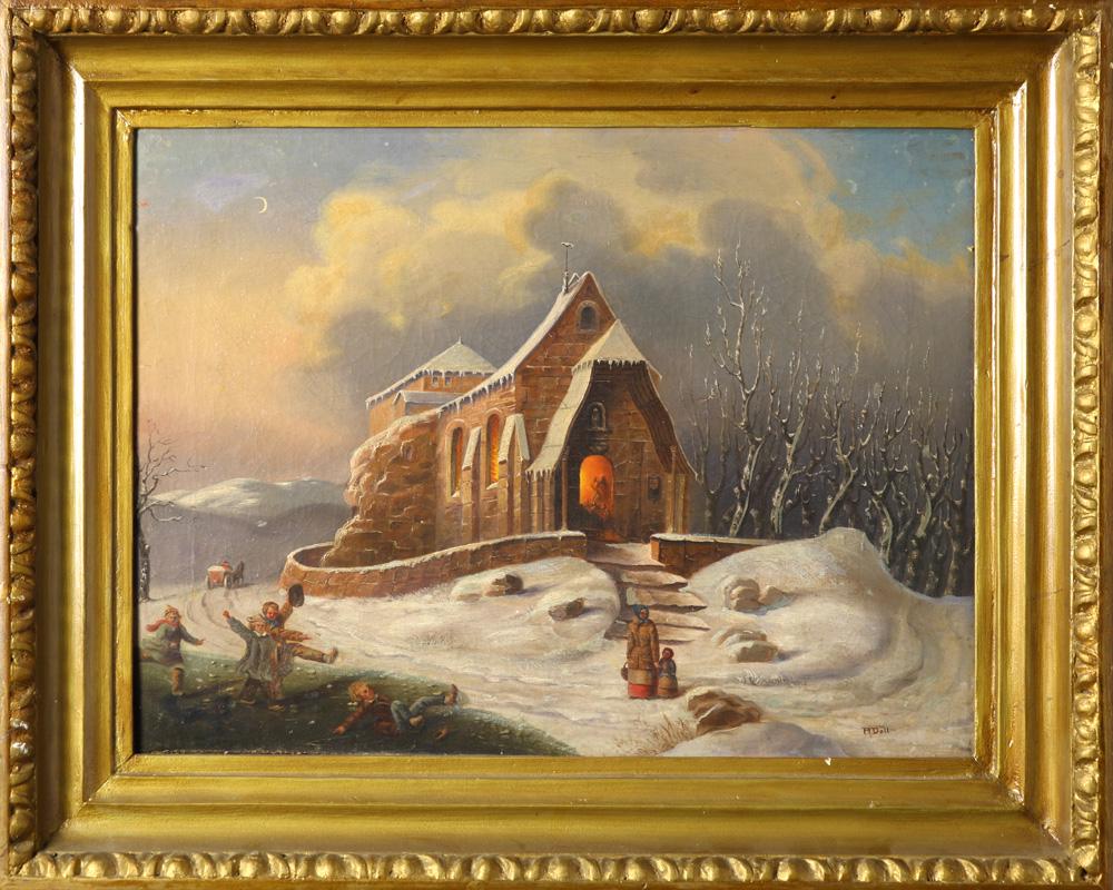 Painting, Attributed to Anton Doll: Attributed to Anton Doll (German, 1826-1887), Winter Play, oil on canvas, bears signature lower right, overall (with frame): 20"h x 24.5"w