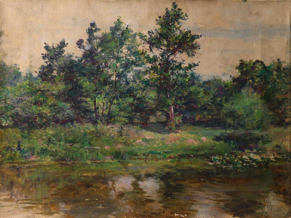 Painting, Louis Betts: Louis L. Betts (American, 1873-1961), Untitled (Pond in the Woods), 1899, oil on canvas, signed and dated lower right, canvas (unframed): 12"h x 16"w