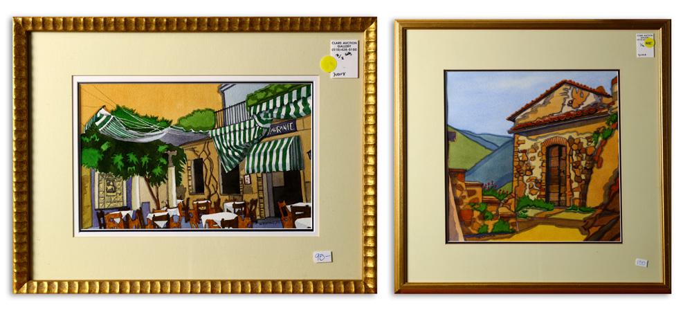 Watercolors, William F. Stone Jr: (lot of 2) William F. Stone Jr (American, 20th century), "Castel del Lago, Umbria, Italy" and "Striped Awning with Corooba," watercolors, each signed lower left/right, title labels affixed verso, larg