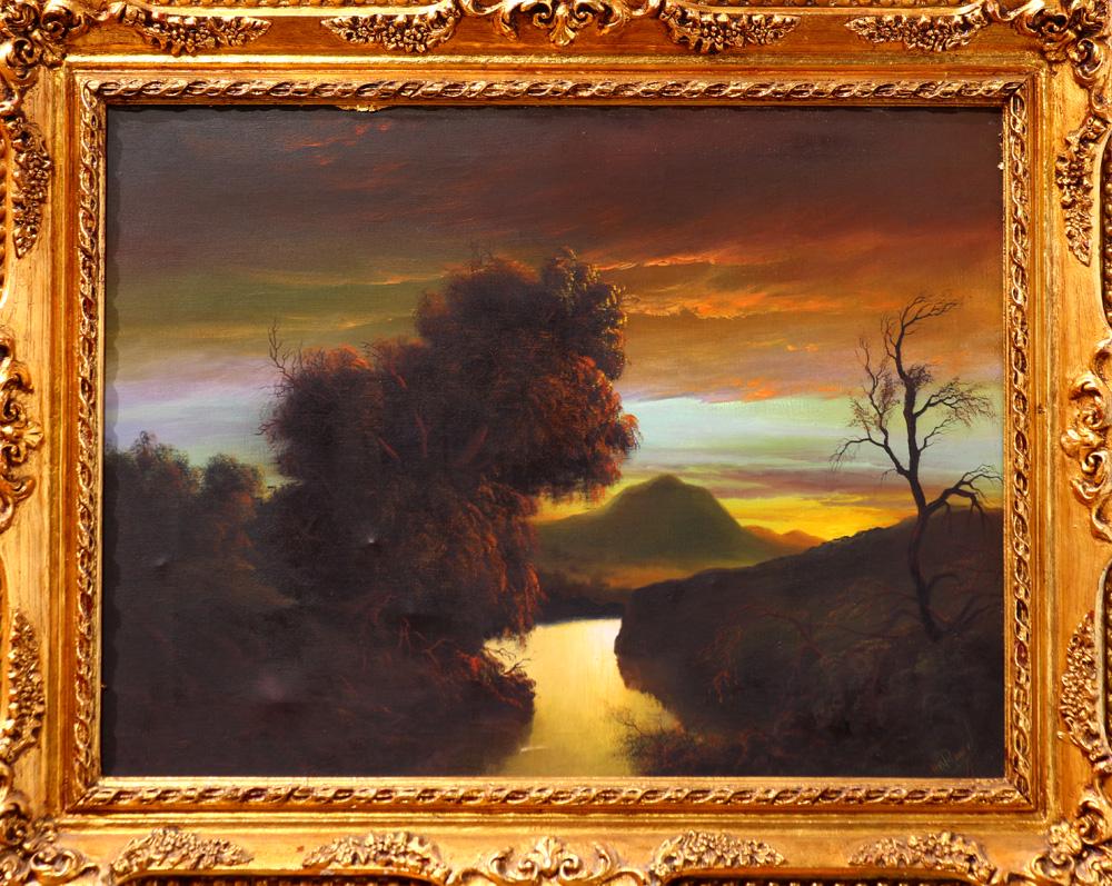 Painting, American School (20th century): American School (20th century), Sunset Landscape, oil on canvas, signed "H.S. Rangel" lower right, overall (with frame): 31"h x 38.75"w