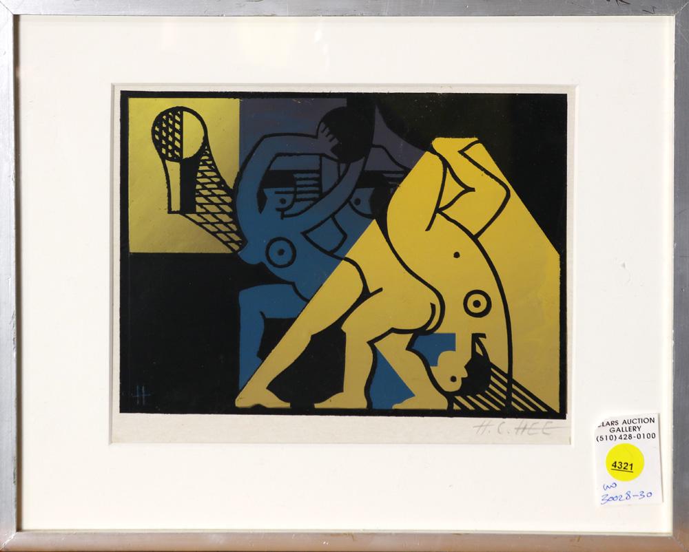 Print, Hon Chew Hee, Figures Playing Basketball: Hon Chew Hee (American, 1906-1993), Untitled (Figures Playing Basketball), screenprint, pencil signed lower right, intitialed "H," lower left, overall (with frame): 10.75"h x 13.75"w