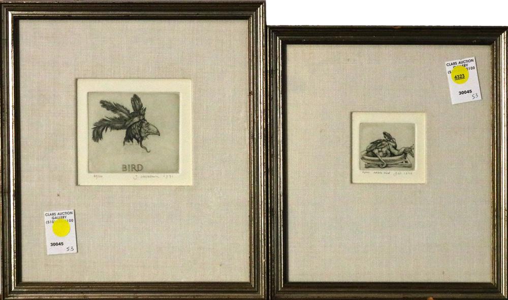 Prints, Stan Washburn, Bird and Edible Bird: (lot of 2) Stan Washburn (American, b. 1943), "Bird," 1971, and "Edible Bird," 1972, etchings, each pencil signed and dated lower right, titled lower center, editions 64/100 and 61/100, overall (with 