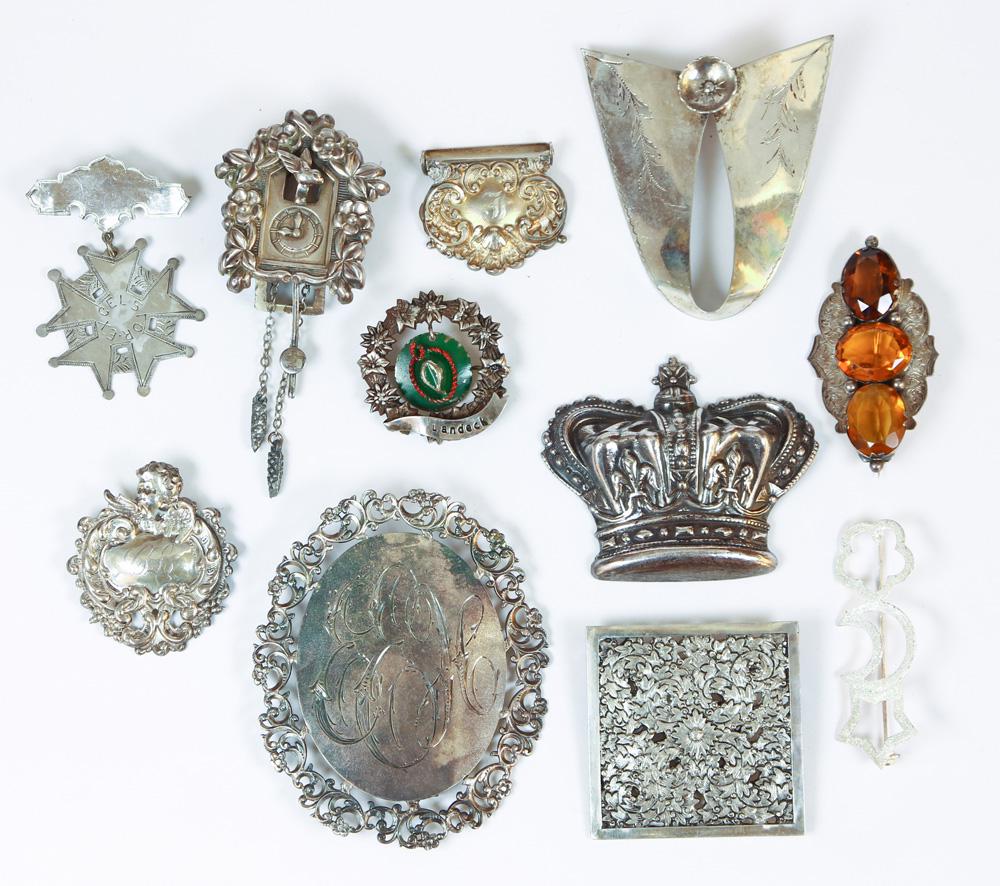 Collection of glass, sterling silver, silver items: Collection of glass, sterling silver, silver items Including 5) glass, sterling silver, silver brooches (1 marked 925); 1) Coro double clip cuckoo clock brooch; 1) sterling silver half buckle; 1) silv