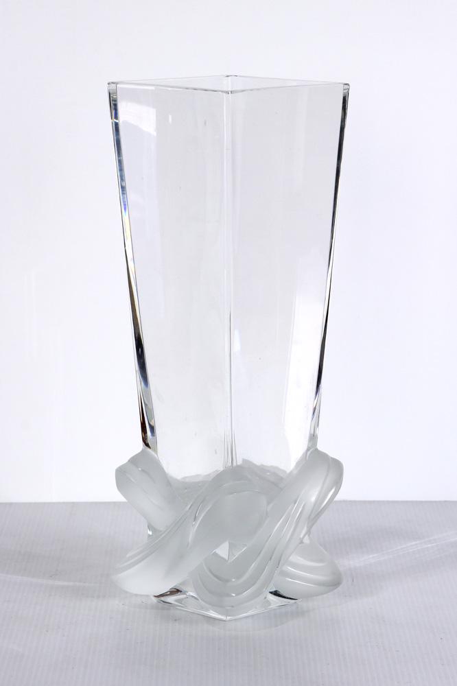 Lalique France square cylindrical vase with a frosted: Lalique France square cylindrical vase with a frosted base, 11"h