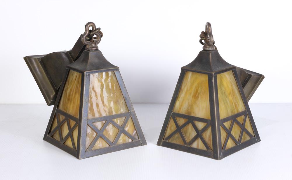 (lot of 2) Arts & Crafts style metal and caramel slag: (lot of 2) Arts & Crafts style metal and caramel slag glass pendant light fixtures, 16"h