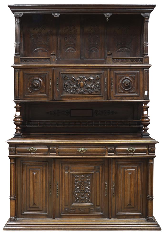 Henry II style stepped back buffet, circa 1880: Henry II style stepped back buffet, circa 1880, having a molded top, above the tiered superstructure having carved and paneled doors, with acanthus and gargoyle accents, continuing to the lower tier h