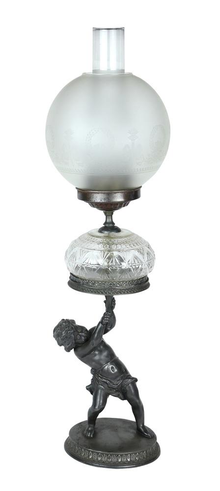 Pairpoint gone with the wind lamp: Pairpoint gone with the wind lamp, having a spherical etched shade above the clear pressed reservoir, and rising on a figural standard, 29"h