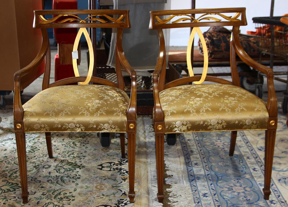 (lot of 2) Biedermeier style partial gilt armchairs: (lot of 2) Biedermeier style partial gilt armchairs, having floral upholstery and rising on tapered and fluted legs, 34"h