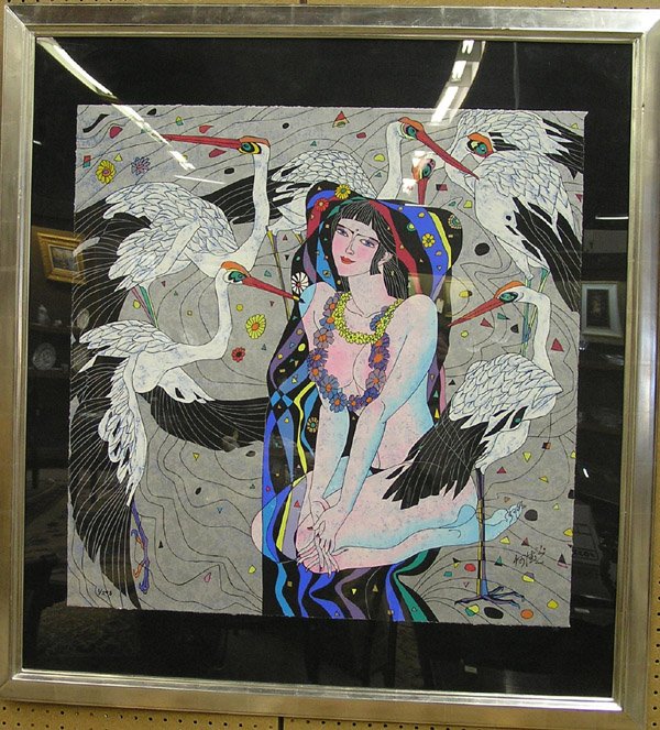 Serigraph He Deguang Cranes Chinese
