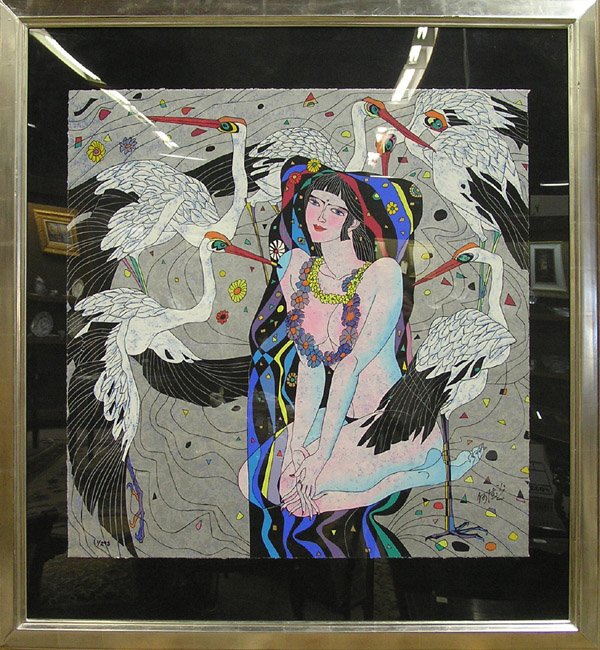 Serigraph He Deguang Cranes Chinese - 2
